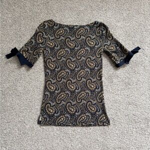 Lauren Ralph Lauren Navy and Gold Paisley 3/4 Sleeve Top with Bow Detail